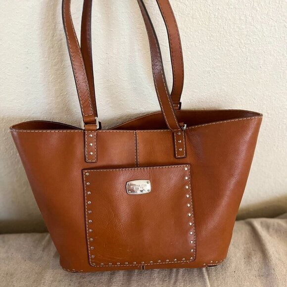Michael Kors Large Double Handles Studded Brown Leather Astor Travel Tote - Picture 1 of 16
